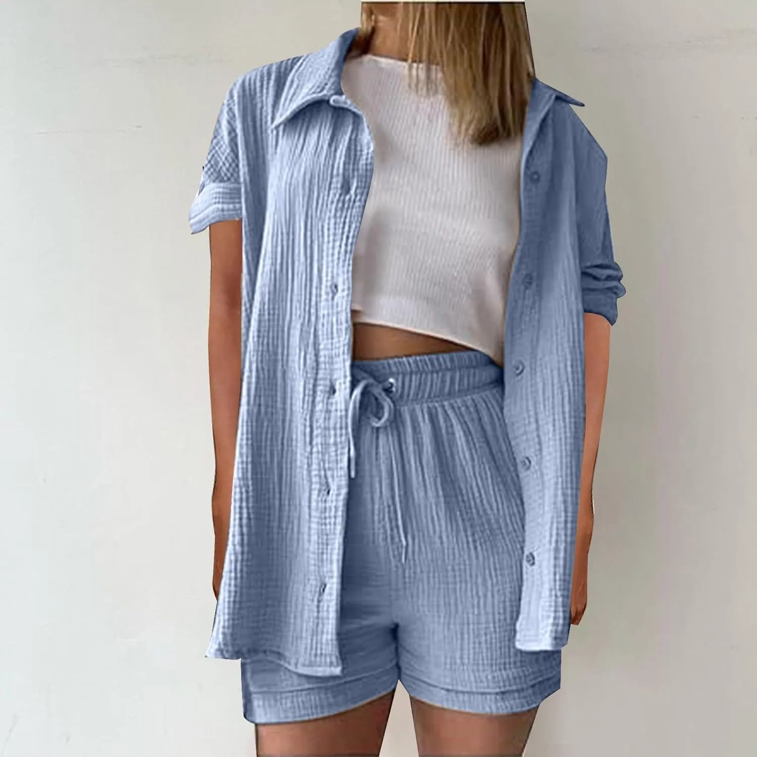 2 Piece Linen Sets for Women Casual Long Sleeve Button Down Shirt Suts Summer Outfits Loose Shorts Set