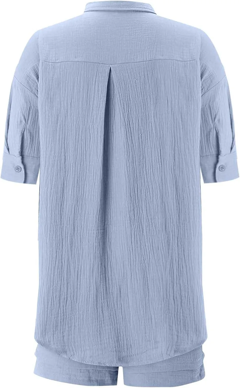 2 Piece Linen Sets for Women Casual Long Sleeve Button Down Shirt Suts Summer Outfits Loose Shorts Set