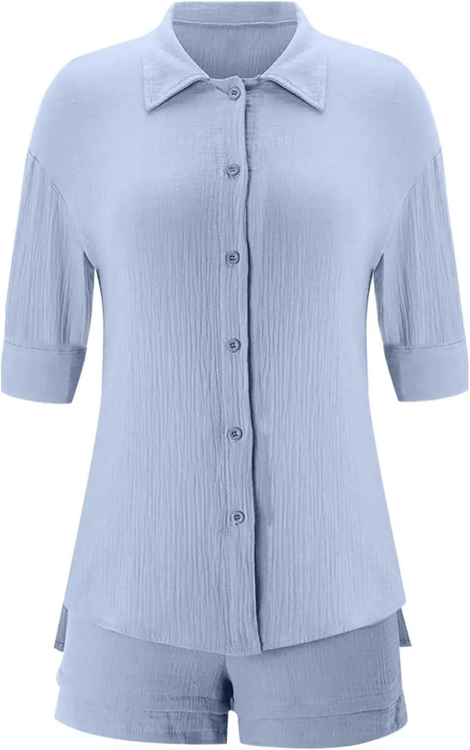 2 Piece Linen Sets for Women Casual Long Sleeve Button Down Shirt Suts Summer Outfits Loose Shorts Set