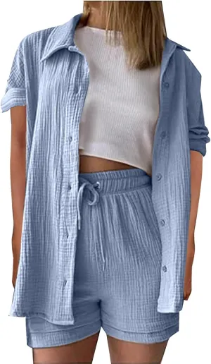 2 Piece Linen Sets for Women Casual Long Sleeve Button Down Shirt Suts Summer Outfits Loose Shorts Set
