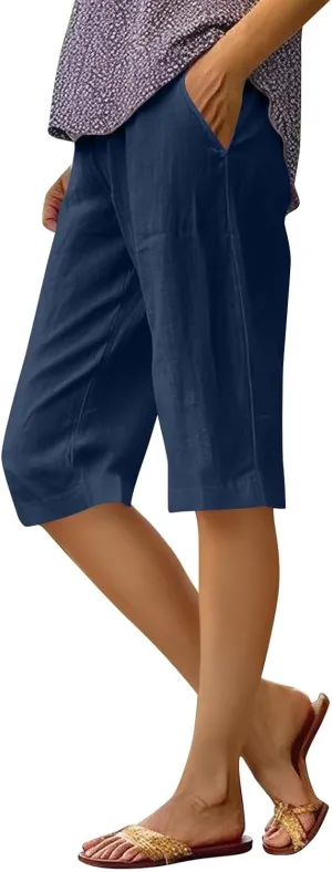 ADHOWBEW Womens Bermuda Shorts High Waisted Walking Lounge Workout Summer Elastic Running Loose Shorts