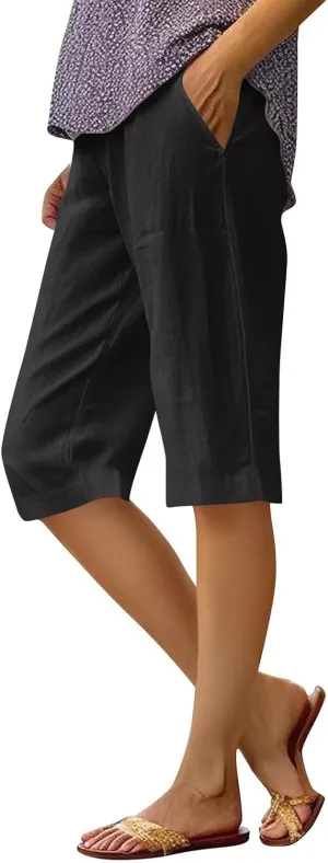 ADHOWBEW Womens Bermuda Shorts High Waisted Walking Lounge Workout Summer Elastic Running Loose Shorts