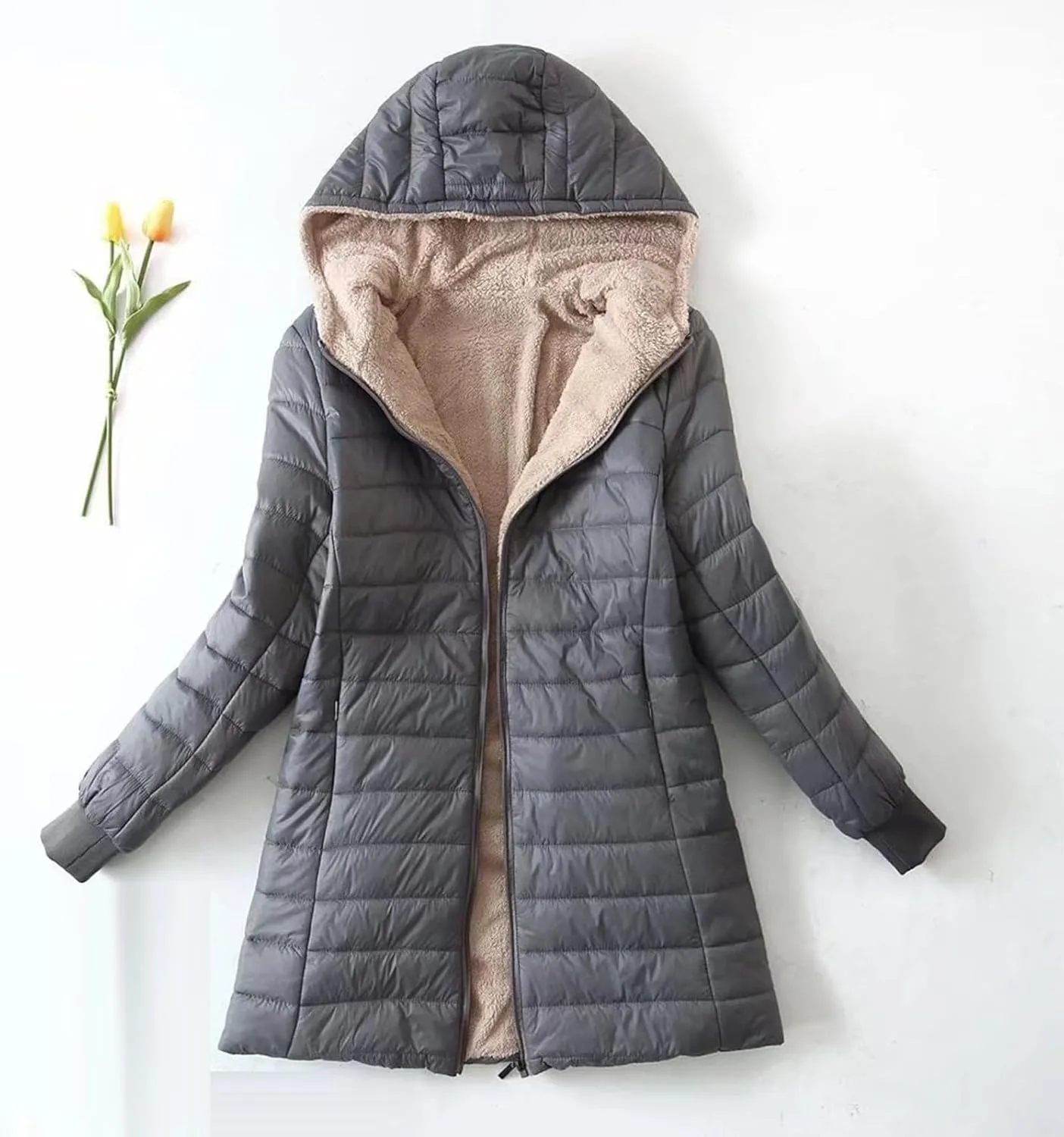 Akklian Women's Down Jackets & Parkas Padded Cotton Puffer Jacket Winter Slim Fit Zip Up Hooded Coat Thermal Fleece Outerwear