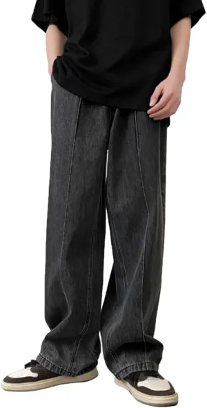 Alalaso Men's Baggy Jeans Casual Hip Hop Cargo Solid Color Loose Fit Straight Wide Leg Vintage Denim Pants with Zipper