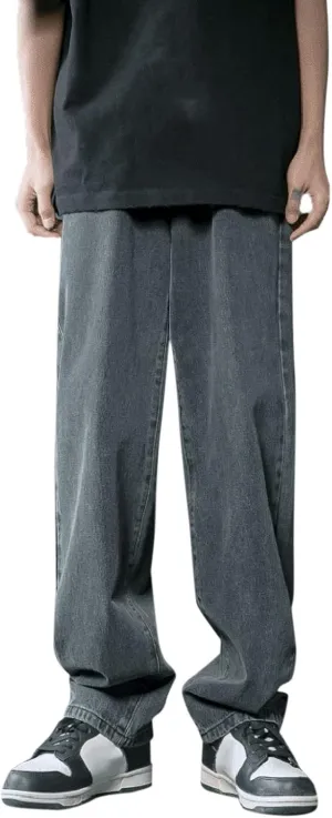 Alalaso Men's Baggy Jeans Casual Hip Hop Cargo Solid Color Loose Fit Straight Wide Leg Vintage Denim Pants with Zipper