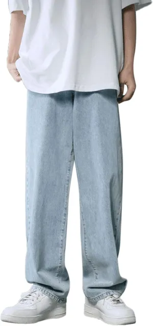Alalaso Men's Baggy Jeans Casual Hip Hop Cargo Solid Color Loose Fit Straight Wide Leg Vintage Denim Pants with Zipper