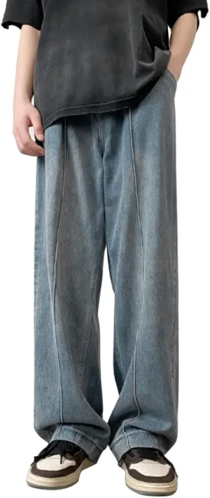 Alalaso Men's Baggy Jeans Casual Hip Hop Cargo Solid Color Loose Fit Straight Wide Leg Vintage Denim Pants with Zipper