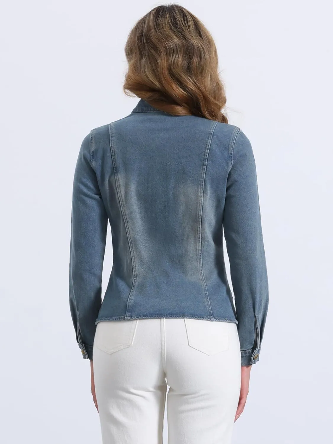 Allegra K Casual Denim Jacket for Women's Classic Stand Collar Long Sleeve Jean Jacket