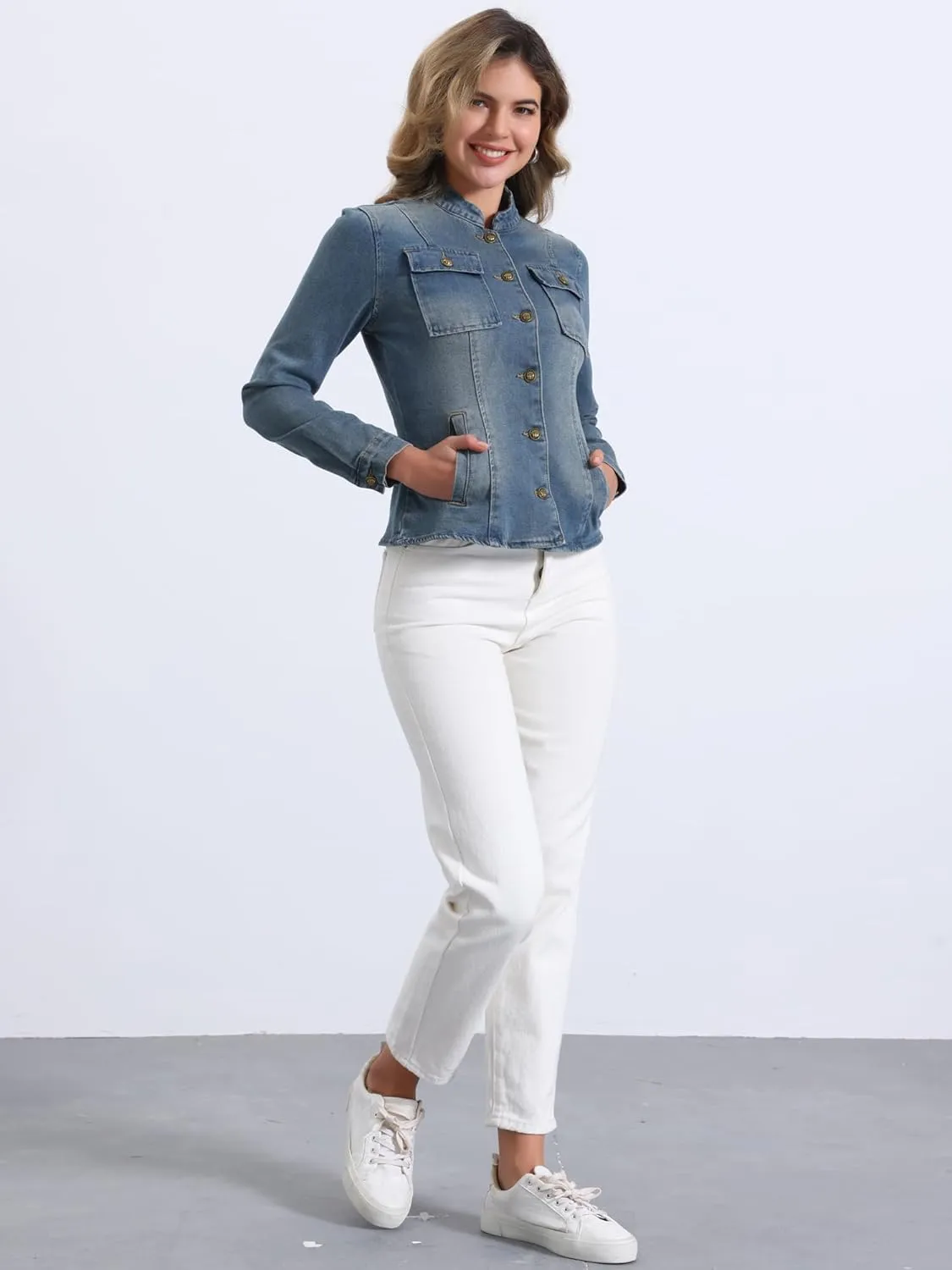 Allegra K Casual Denim Jacket for Women's Classic Stand Collar Long Sleeve Jean Jacket