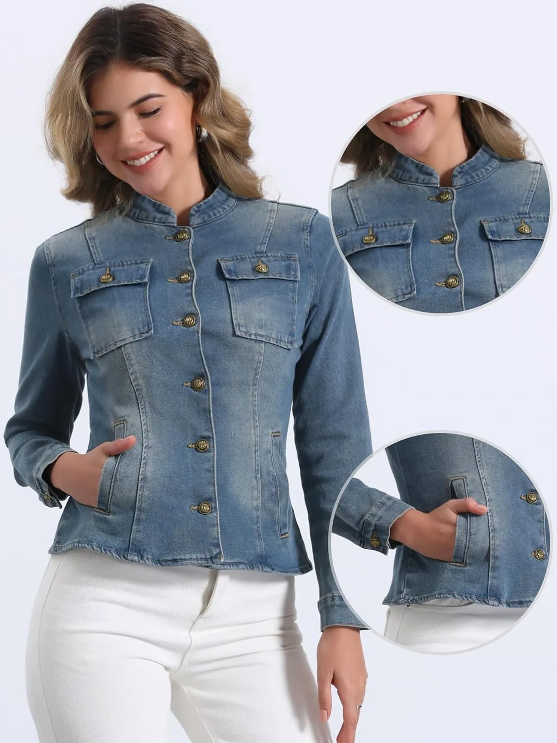 Allegra K Casual Denim Jacket for Women's Classic Stand Collar Long Sleeve Jean Jacket