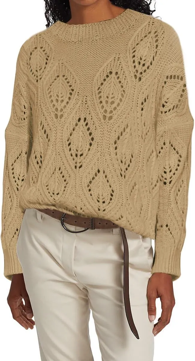 Allimy Women's 2025 Elegant Crewneck Crochet Cable Knit Sweaters for Women Openwork Fall Outfits
