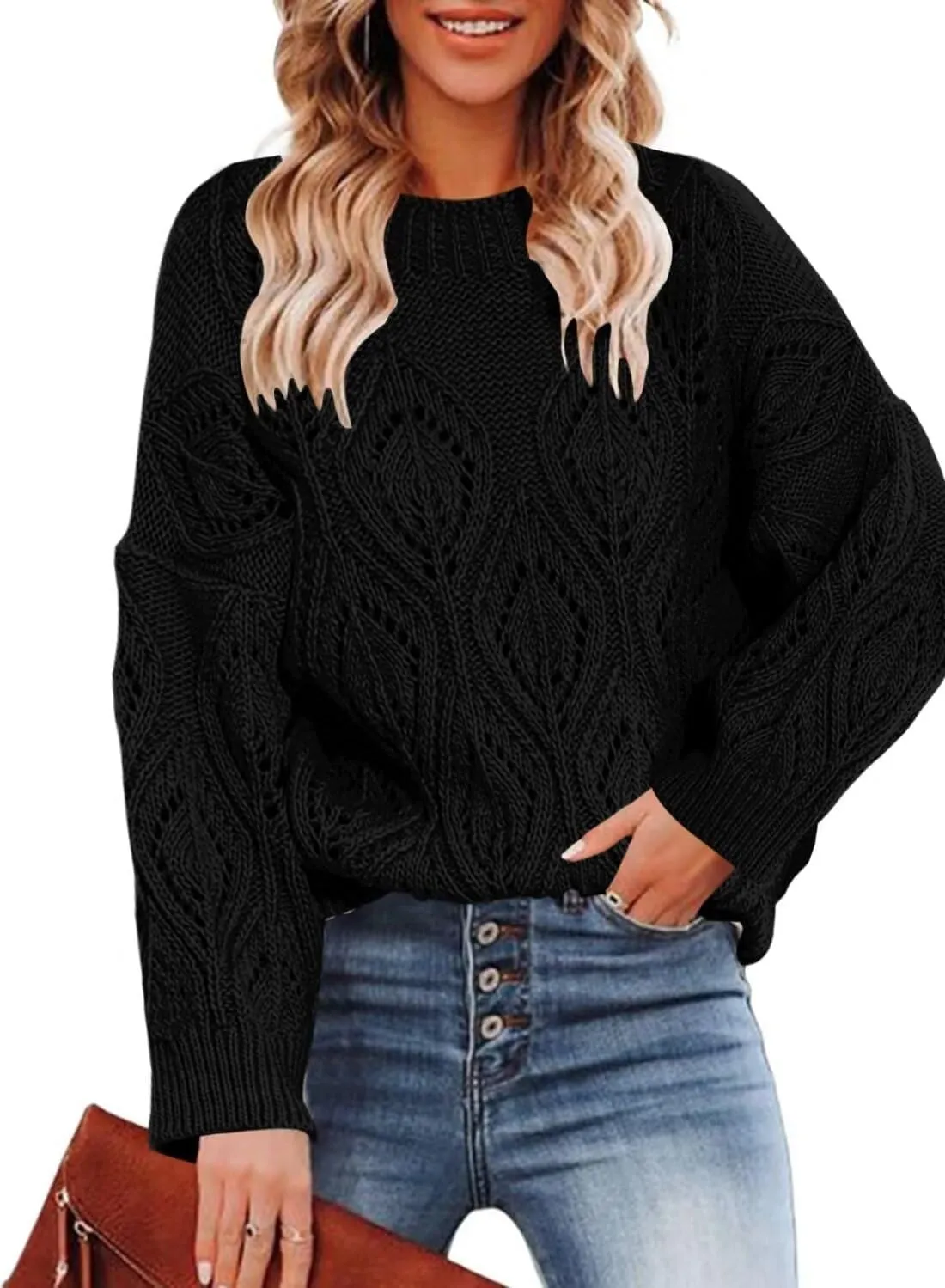 Allimy Women's 2025 Elegant Crewneck Crochet Cable Knit Sweaters for Women Openwork Fall Outfits