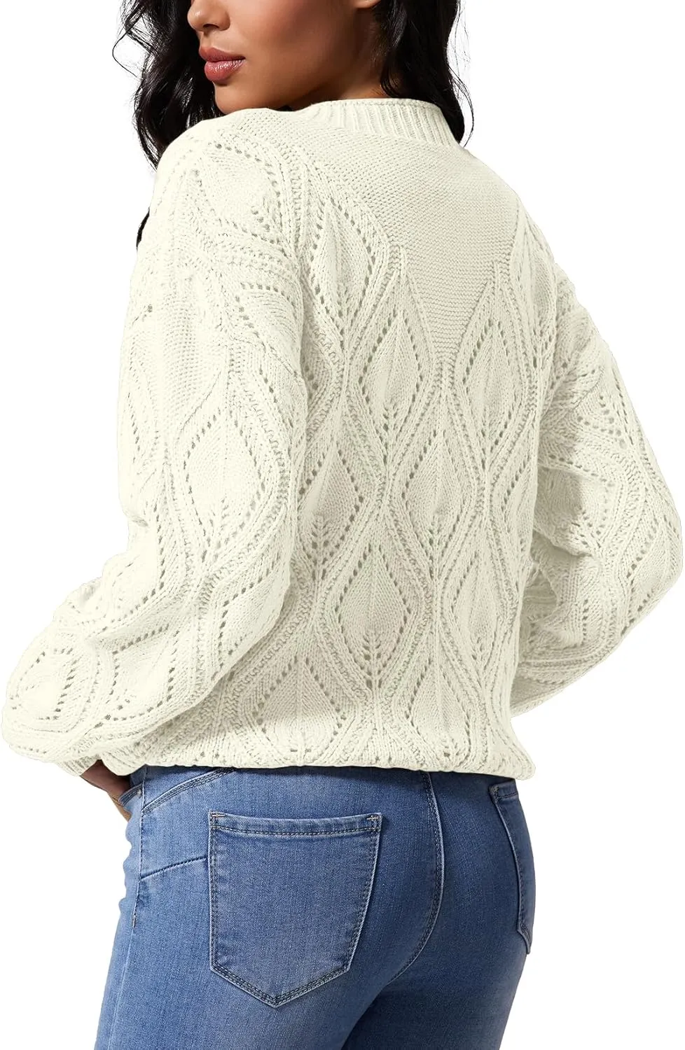 Allimy Women's 2025 Elegant Crewneck Crochet Cable Knit Sweaters for Women Openwork Fall Outfits