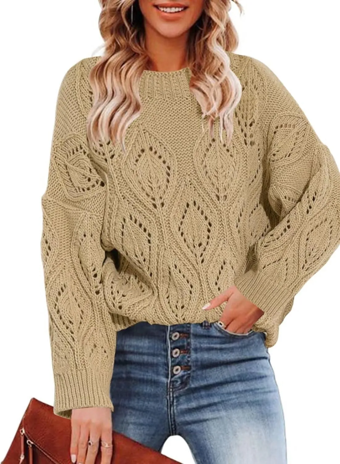 Allimy Women's 2025 Elegant Crewneck Crochet Cable Knit Sweaters for Women Openwork Fall Outfits