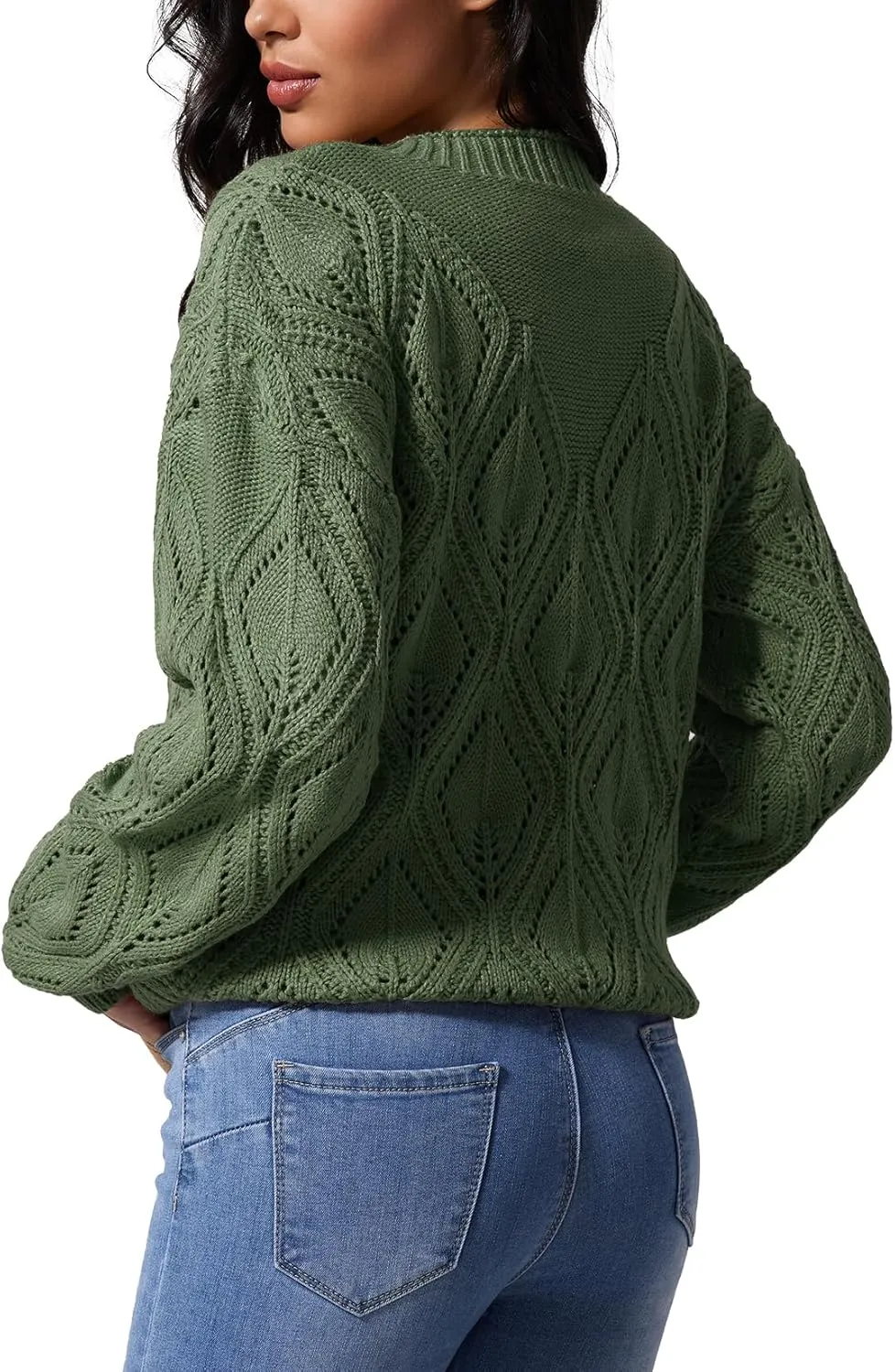 Allimy Women's 2025 Elegant Crewneck Crochet Cable Knit Sweaters for Women Openwork Fall Outfits