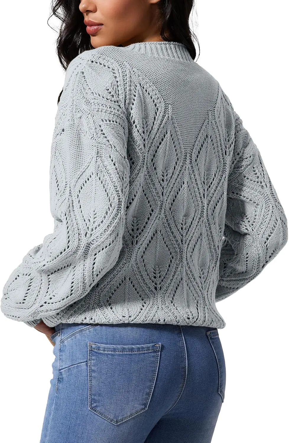 Allimy Women's 2025 Elegant Crewneck Crochet Cable Knit Sweaters for Women Openwork Fall Outfits