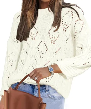 Allimy Women's 2025 Elegant Crewneck Crochet Cable Knit Sweaters for Women Openwork Fall Outfits