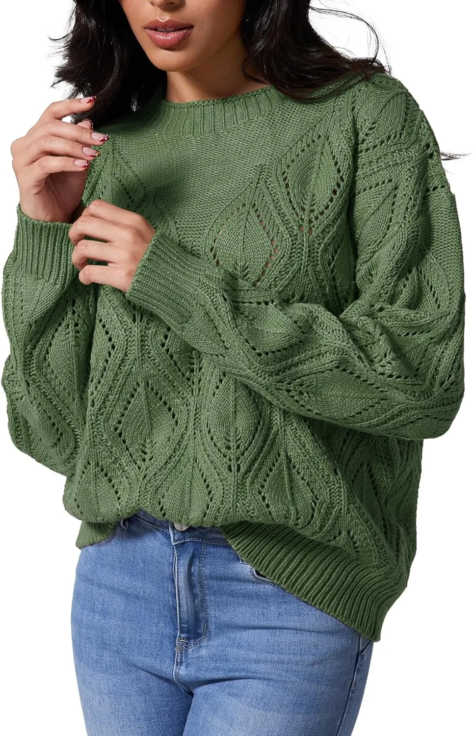 Allimy Women's 2025 Elegant Crewneck Crochet Cable Knit Sweaters for Women Openwork Fall Outfits