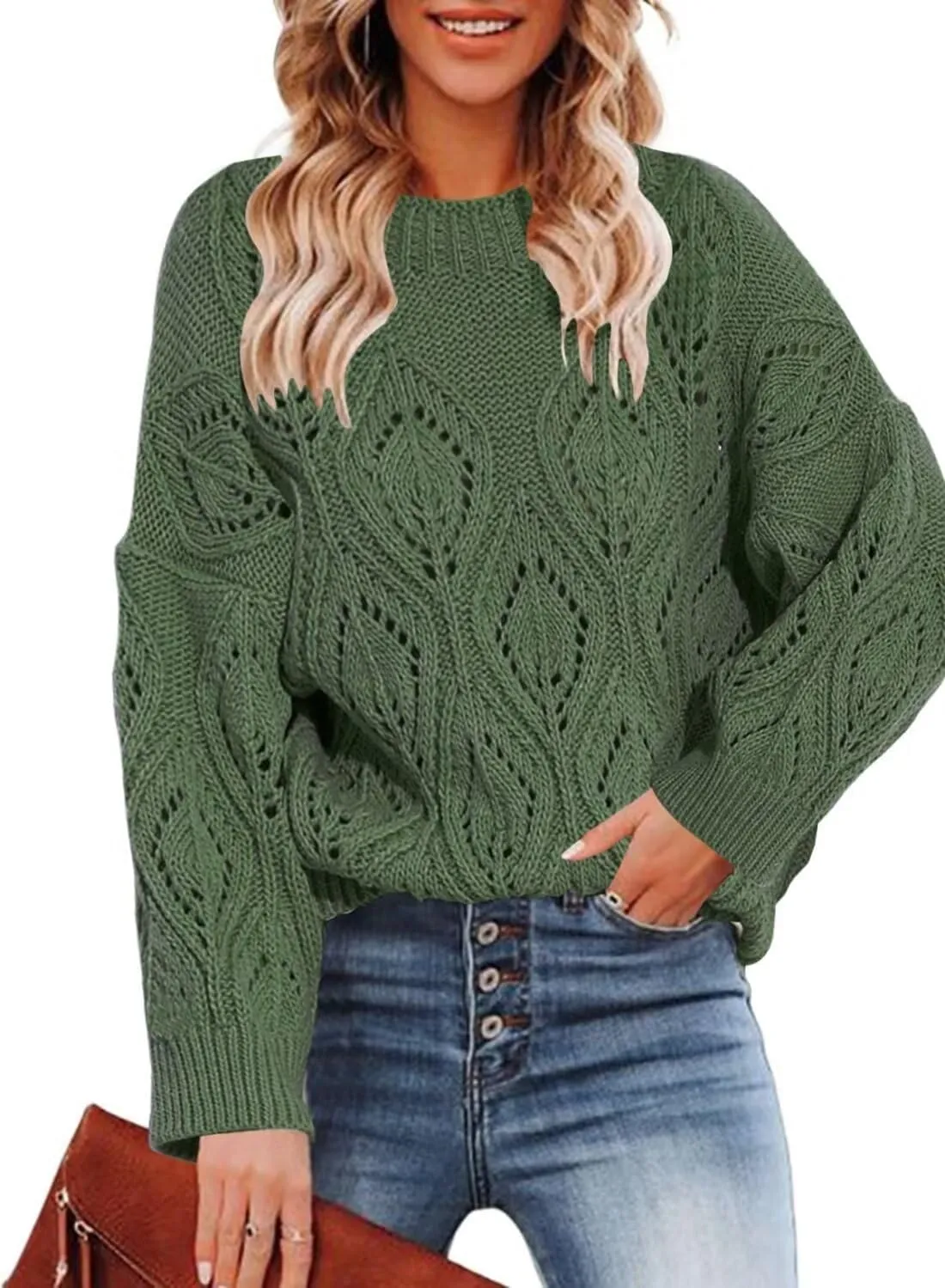 Allimy Women's 2025 Elegant Crewneck Crochet Cable Knit Sweaters for Women Openwork Fall Outfits