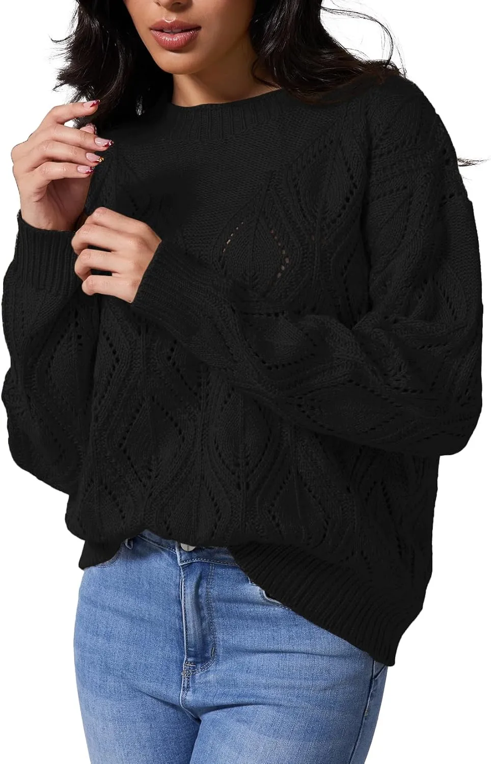 Allimy Women's 2025 Elegant Crewneck Crochet Cable Knit Sweaters for Women Openwork Fall Outfits