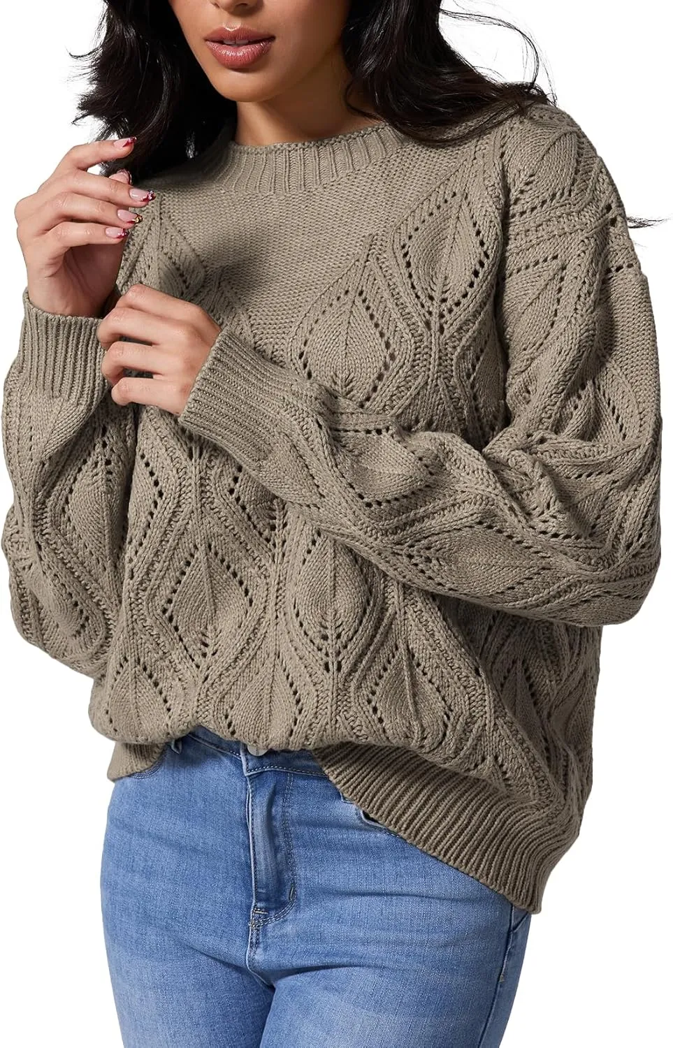 Allimy Women's 2025 Elegant Crewneck Crochet Cable Knit Sweaters for Women Openwork Fall Outfits