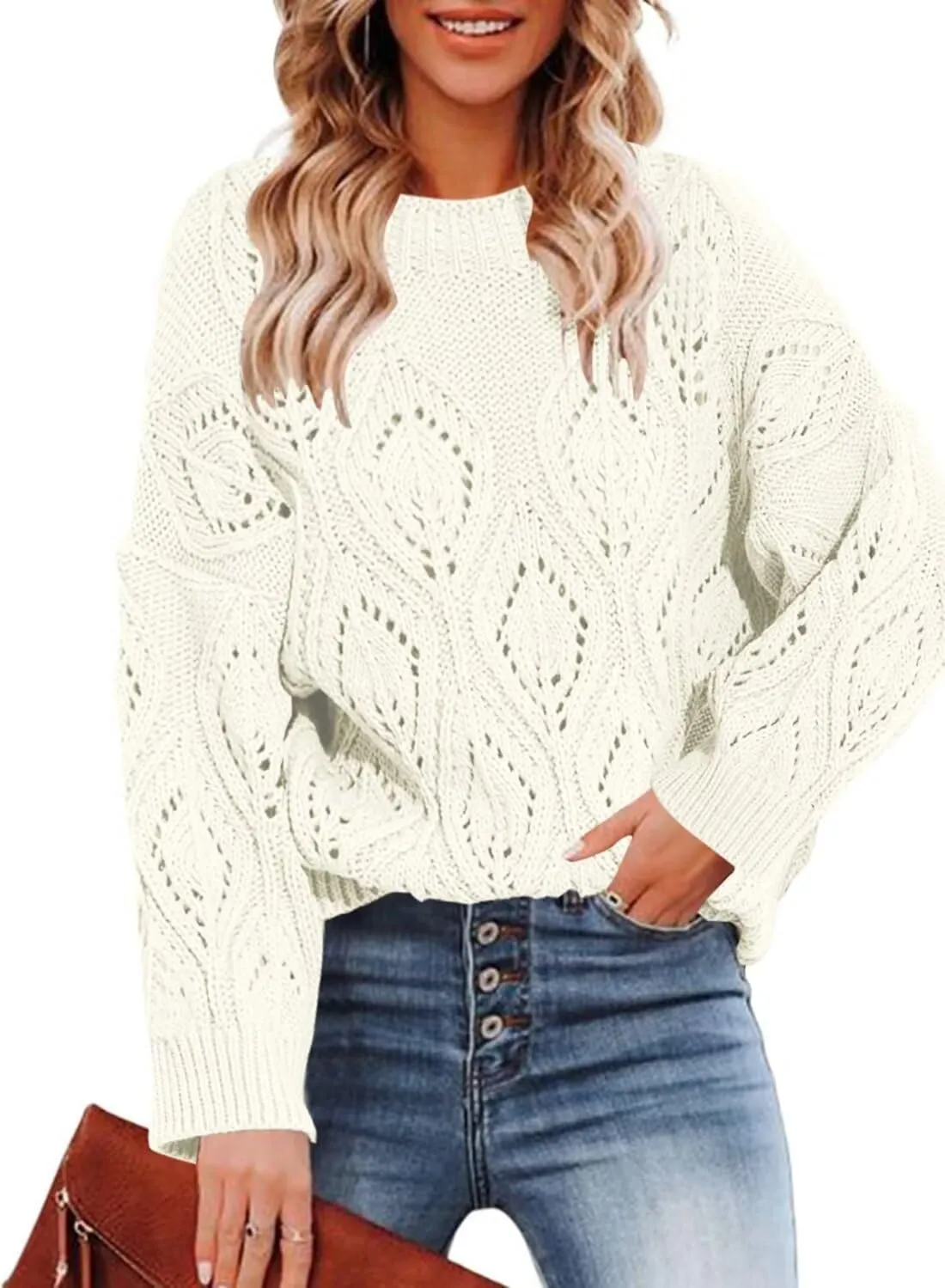 Allimy Women's 2025 Elegant Crewneck Crochet Cable Knit Sweaters for Women Openwork Fall Outfits