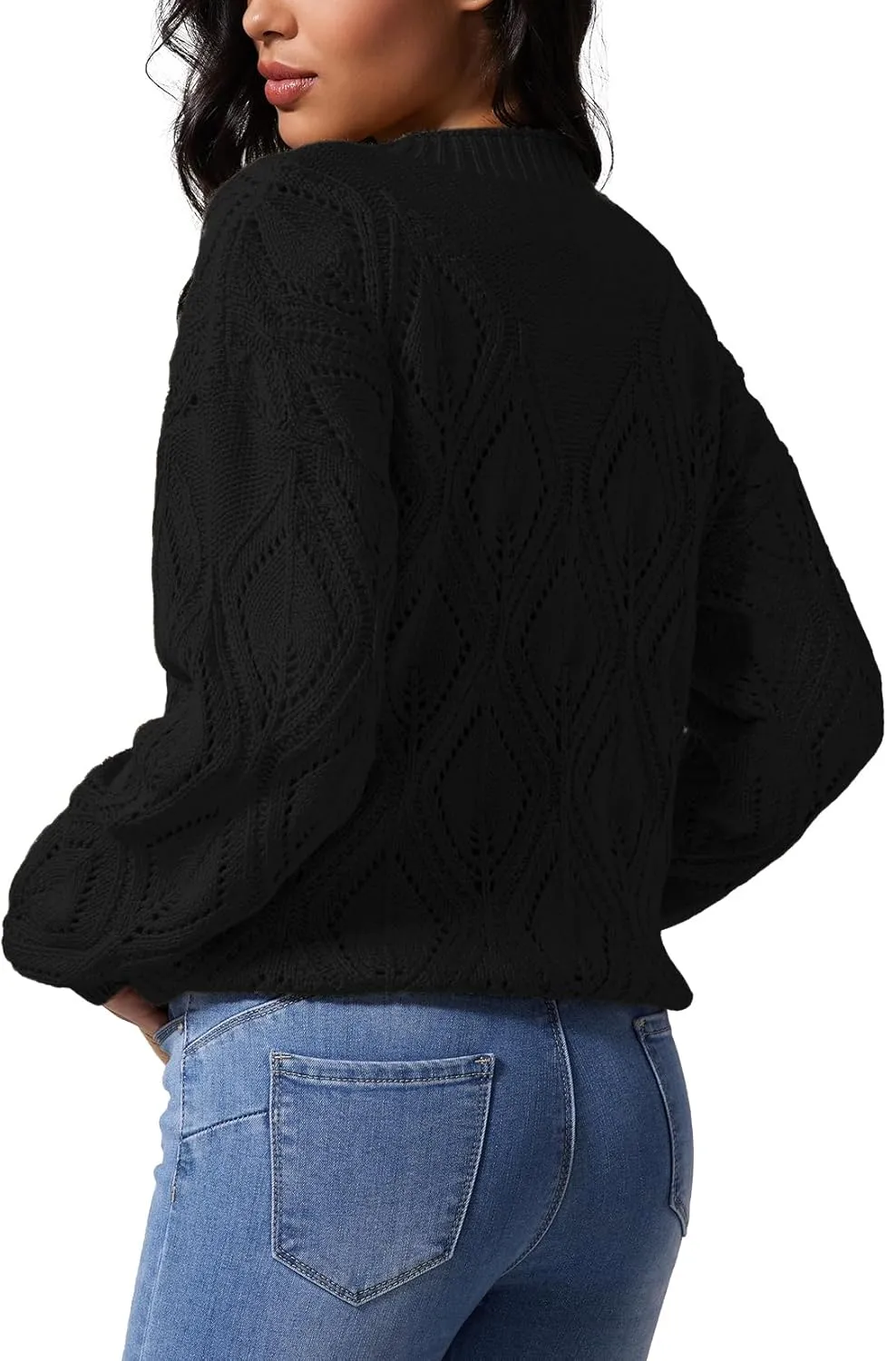 Allimy Women's 2025 Elegant Crewneck Crochet Cable Knit Sweaters for Women Openwork Fall Outfits