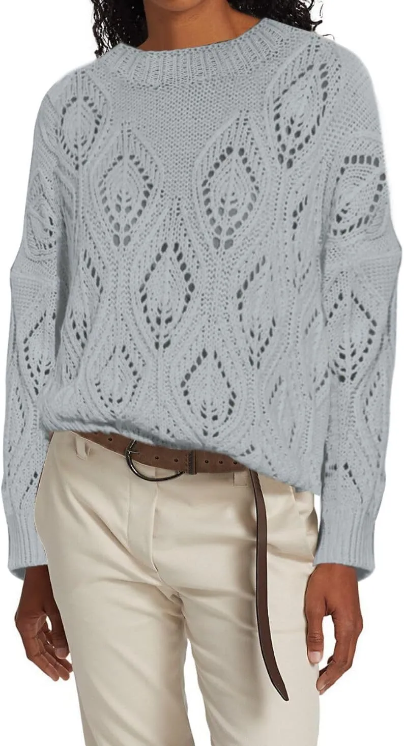 Allimy Women's 2025 Elegant Crewneck Crochet Cable Knit Sweaters for Women Openwork Fall Outfits