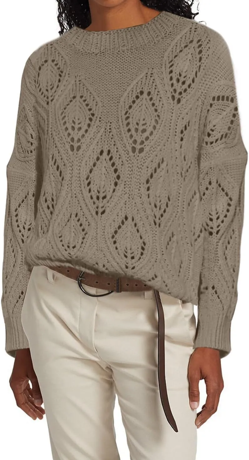 Allimy Women's 2025 Elegant Crewneck Crochet Cable Knit Sweaters for Women Openwork Fall Outfits