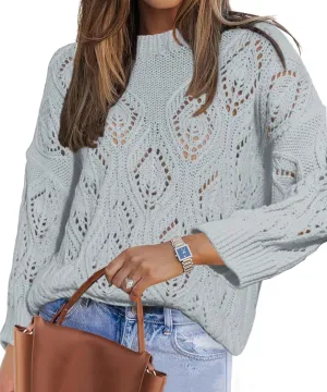 Allimy Women's 2025 Elegant Crewneck Crochet Cable Knit Sweaters for Women Openwork Fall Outfits