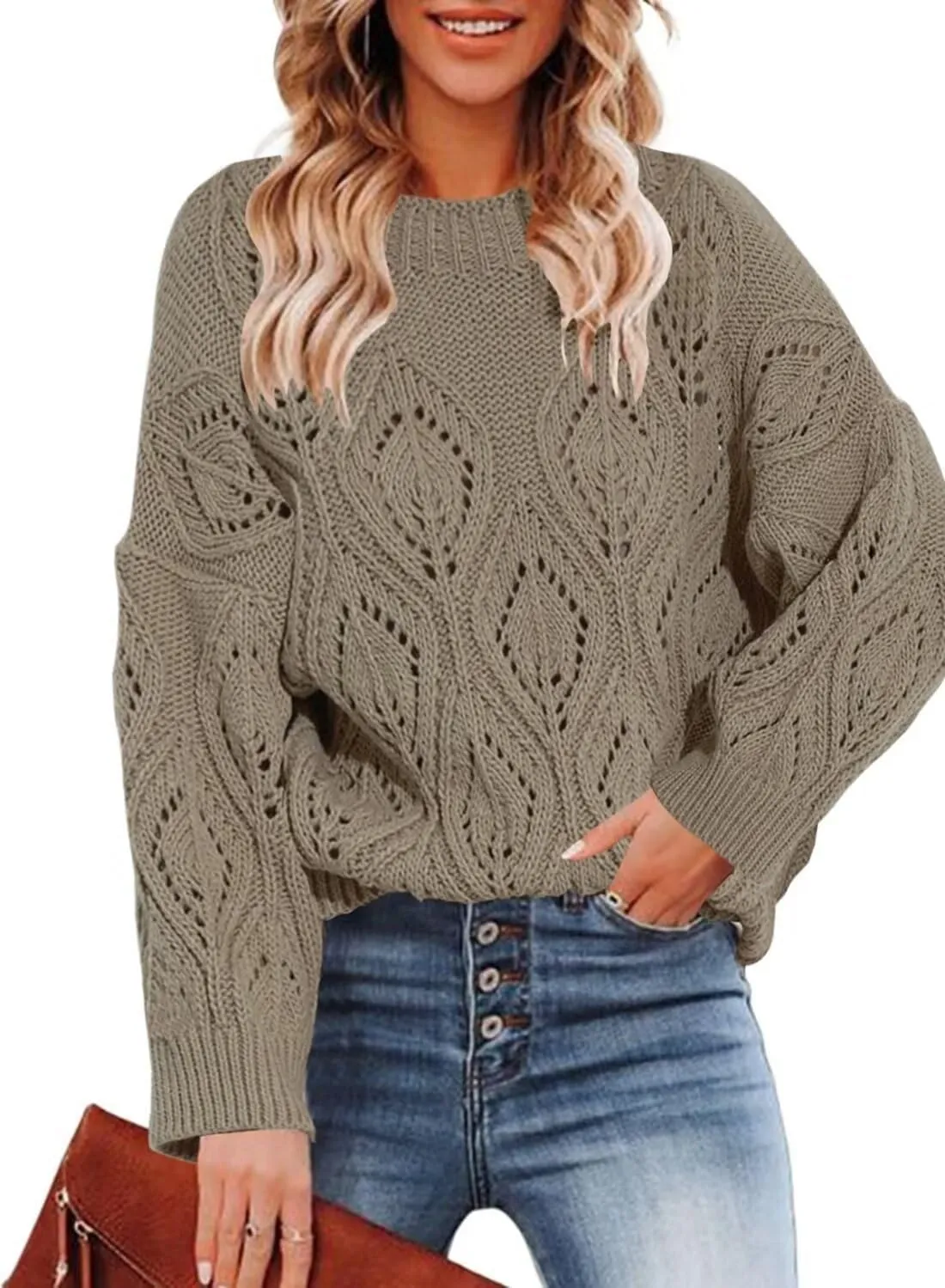 Allimy Women's 2025 Elegant Crewneck Crochet Cable Knit Sweaters for Women Openwork Fall Outfits