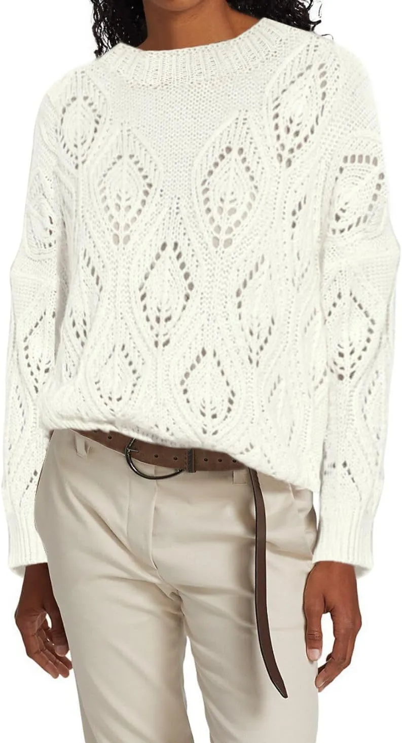 Allimy Women's 2025 Elegant Crewneck Crochet Cable Knit Sweaters for Women Openwork Fall Outfits