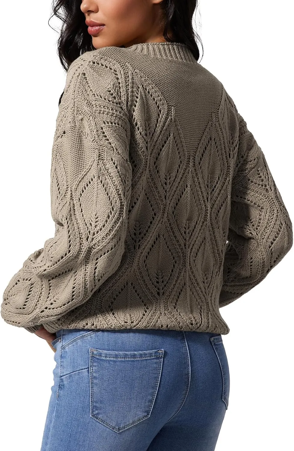Allimy Women's 2025 Elegant Crewneck Crochet Cable Knit Sweaters for Women Openwork Fall Outfits