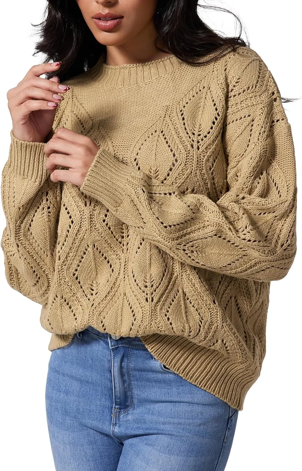 Allimy Women's 2025 Elegant Crewneck Crochet Cable Knit Sweaters for Women Openwork Fall Outfits