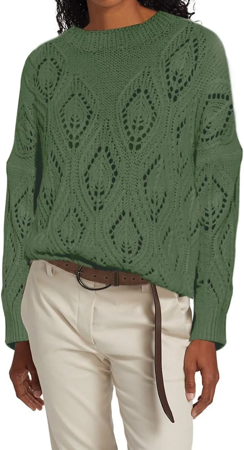 Allimy Women's 2025 Elegant Crewneck Crochet Cable Knit Sweaters for Women Openwork Fall Outfits