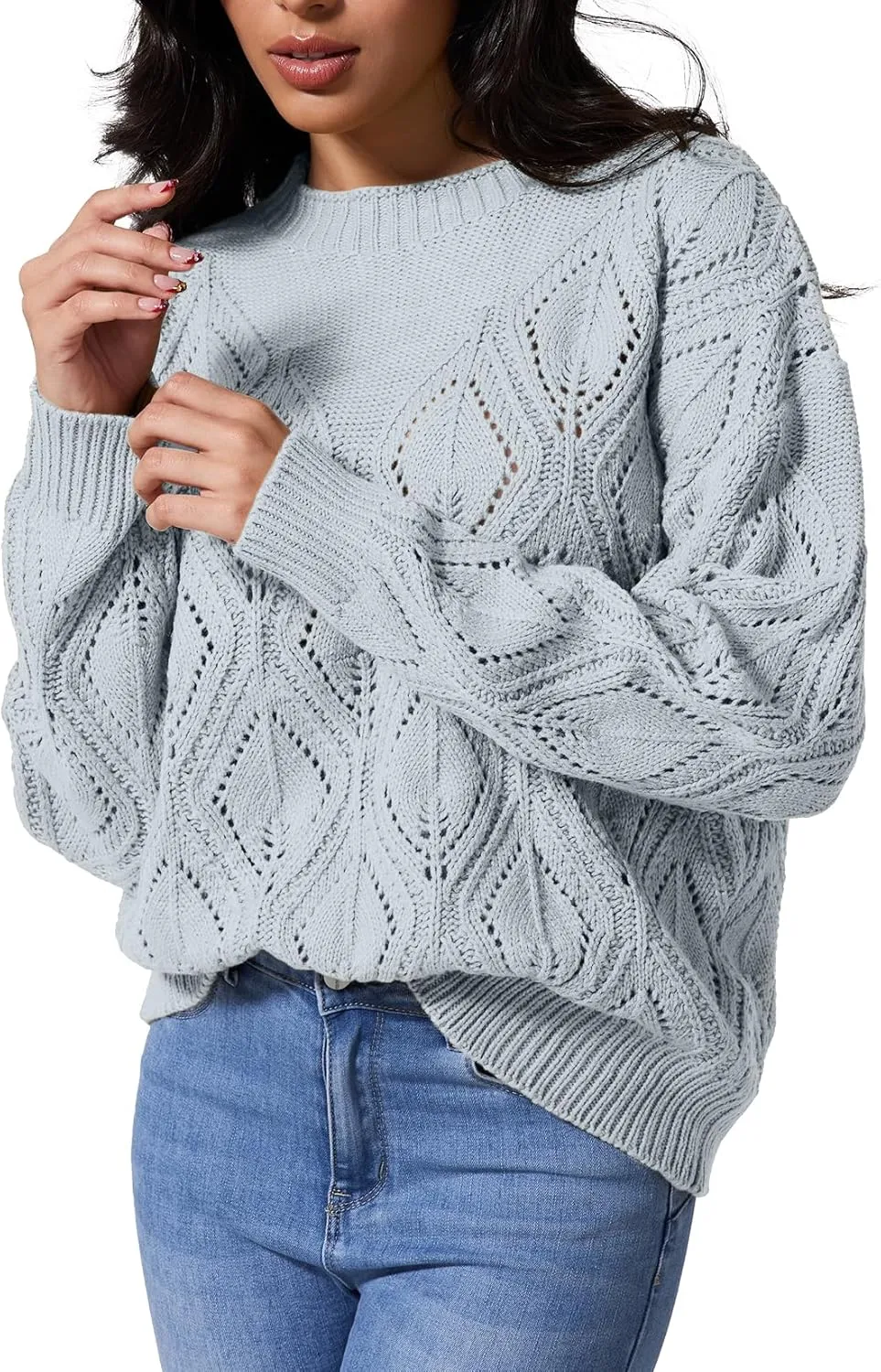 Allimy Women's 2025 Elegant Crewneck Crochet Cable Knit Sweaters for Women Openwork Fall Outfits