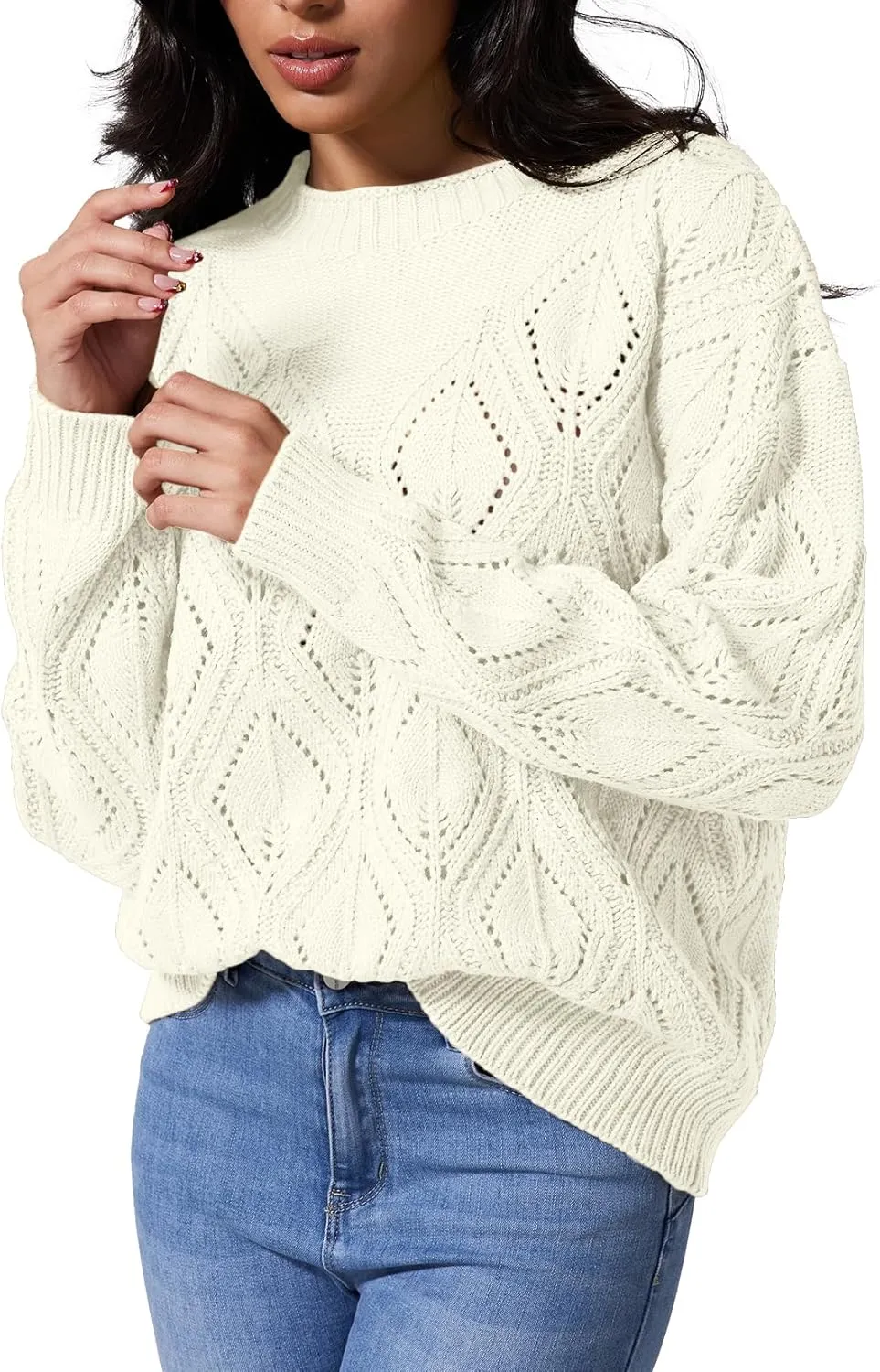 Allimy Women's 2025 Elegant Crewneck Crochet Cable Knit Sweaters for Women Openwork Fall Outfits