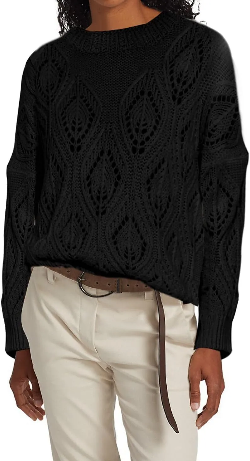 Allimy Women's 2025 Elegant Crewneck Crochet Cable Knit Sweaters for Women Openwork Fall Outfits