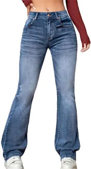 Andongnywell Women's Slim Jeans with Embroidery Embroidery Trousers Plus Size Suki Mid Rise Slim Bootcut Jeans