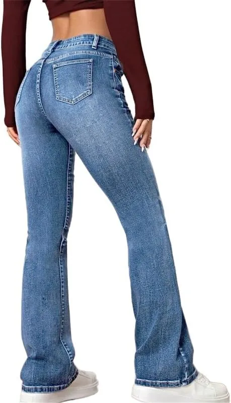 Andongnywell Women's Slim Jeans with Embroidery Embroidery Trousers Plus Size Suki Mid Rise Slim Bootcut Jeans