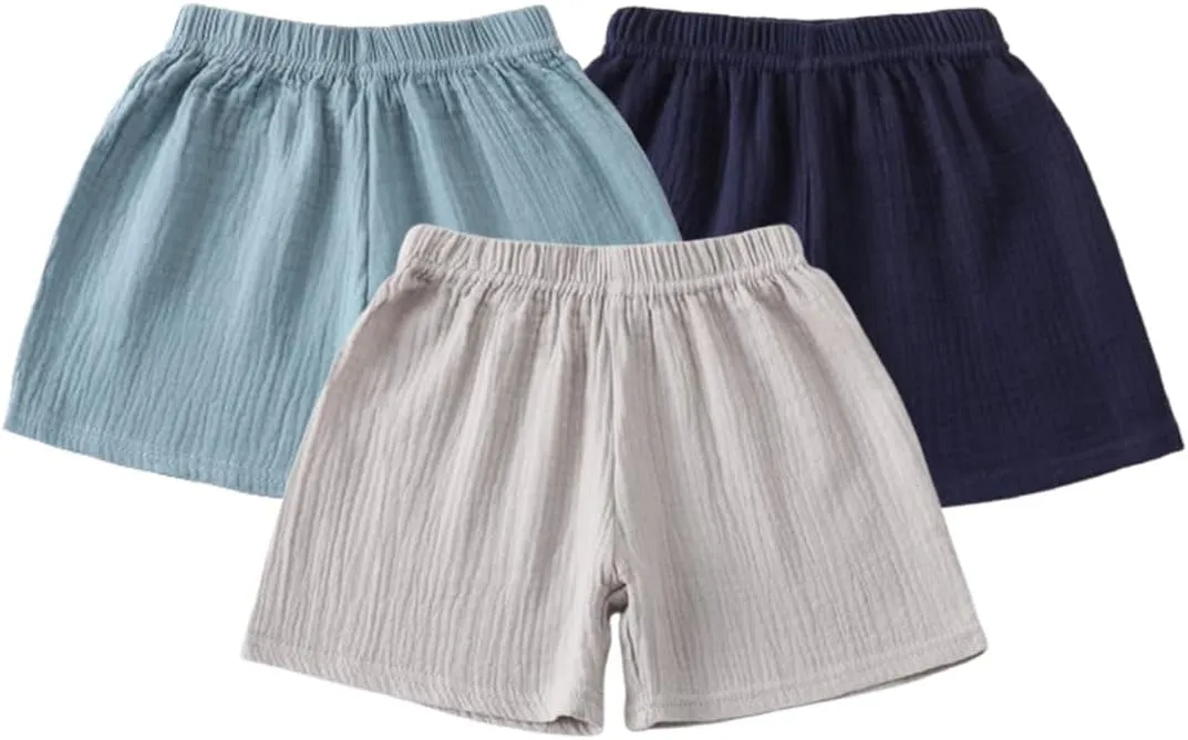 Baby Toddler Boys Shorts Cotton Linen Summer Loose Shorts 3 Pack Elastic Waist Solid Jogger Short Pants