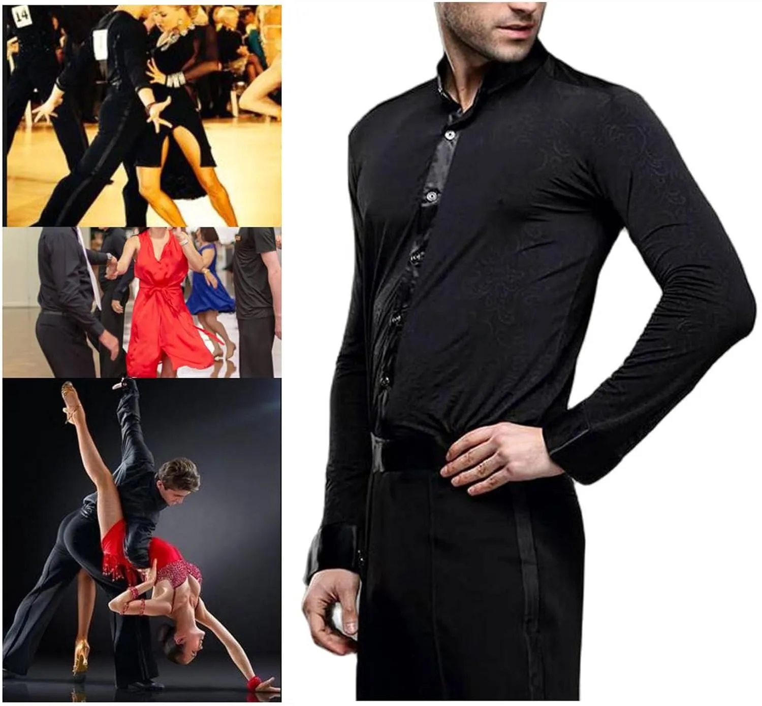 Black Dress Shirt for Men Wrinkle Free Mens Button Down Shirts Long Sleeve for Ballroom Latin Tango Dance