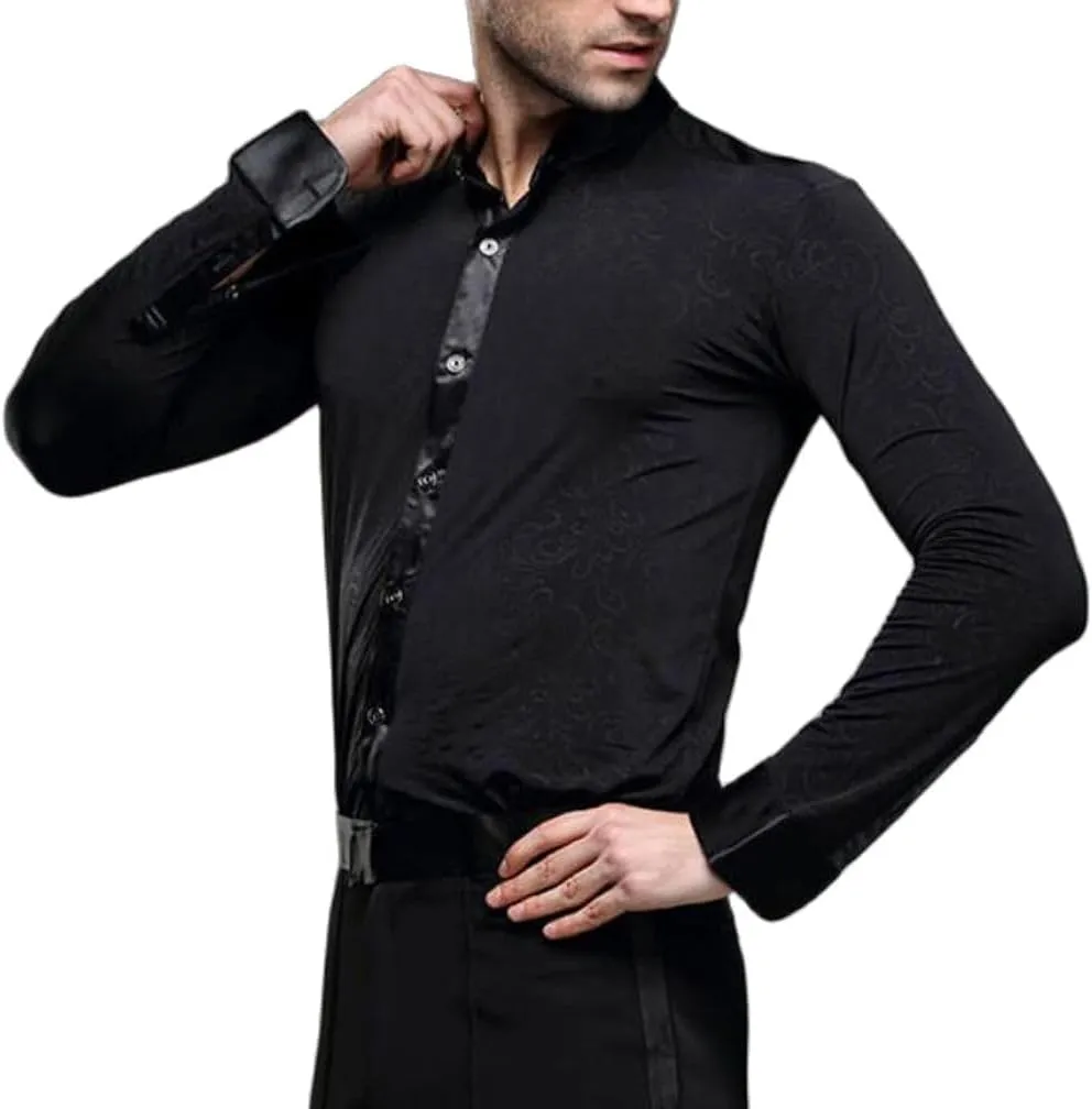 Black Dress Shirt for Men Wrinkle Free Mens Button Down Shirts Long Sleeve for Ballroom Latin Tango Dance