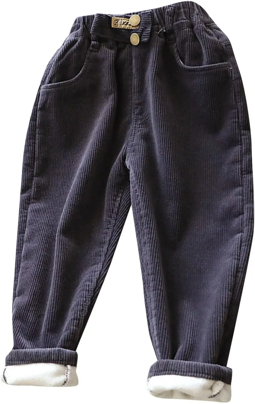 Boys Girls Corduroy Pants Toddler Elastic Waist Fleece Lined Plain Pants Kids Thick Warm Sweatpants Casual Long Trousers