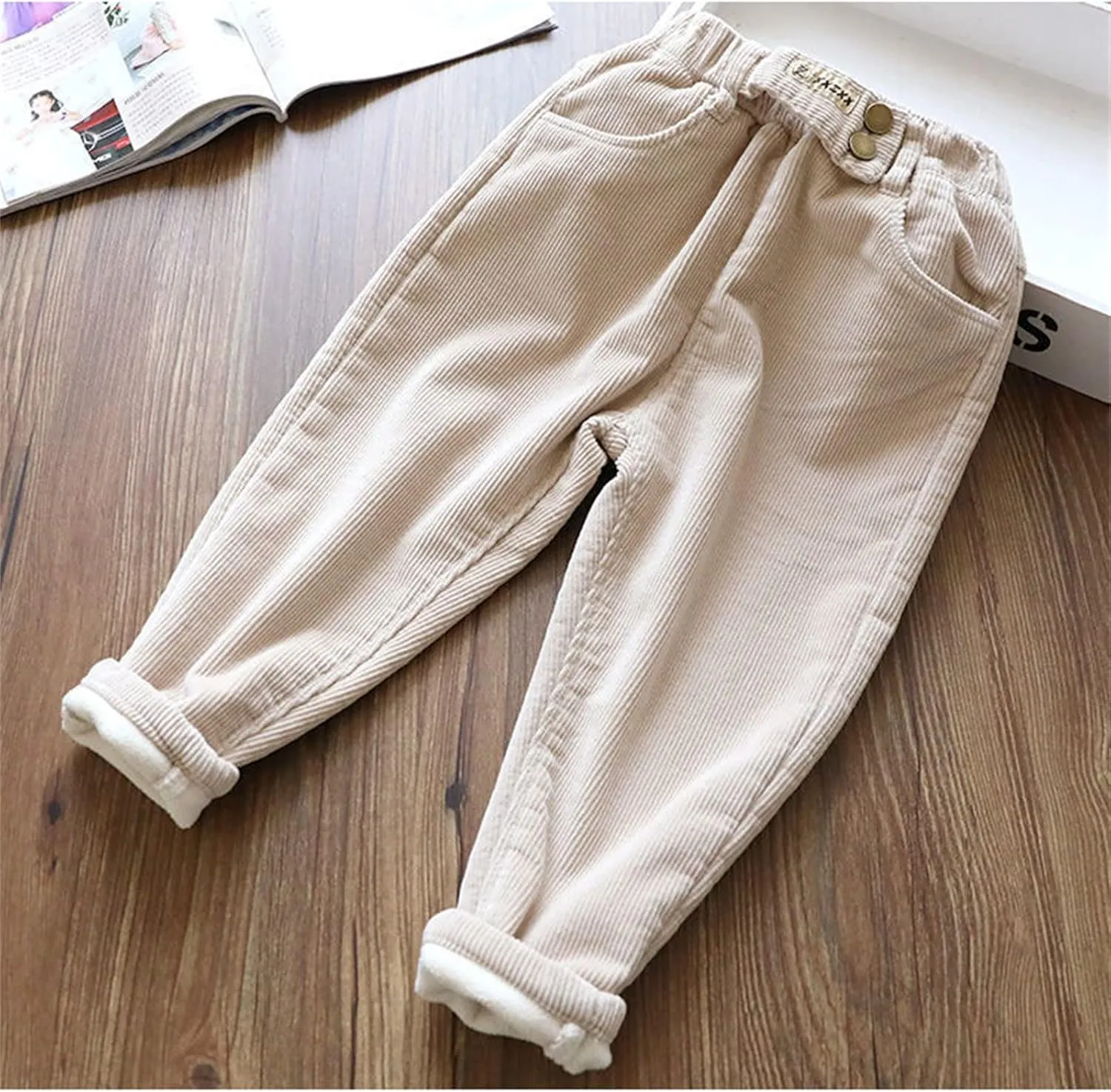 Boys Girls Corduroy Pants Toddler Elastic Waist Fleece Lined Plain Pants Kids Thick Warm Sweatpants Casual Long Trousers