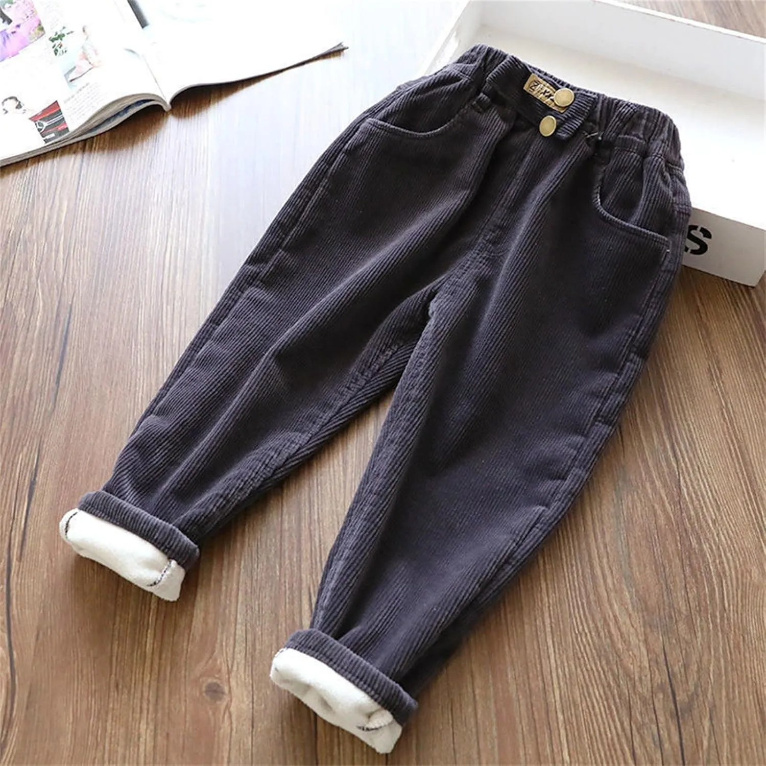 Boys Girls Corduroy Pants Toddler Elastic Waist Fleece Lined Plain Pants Kids Thick Warm Sweatpants Casual Long Trousers