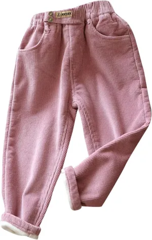 Boys Girls Corduroy Pants Toddler Elastic Waist Fleece Lined Plain Pants Kids Thick Warm Sweatpants Casual Long Trousers
