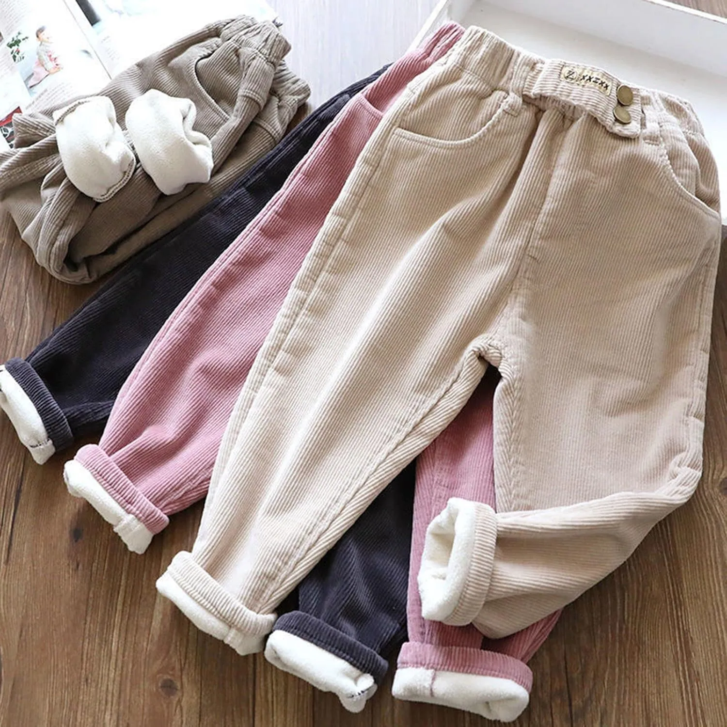 Boys Girls Corduroy Pants Toddler Elastic Waist Fleece Lined Plain Pants Kids Thick Warm Sweatpants Casual Long Trousers