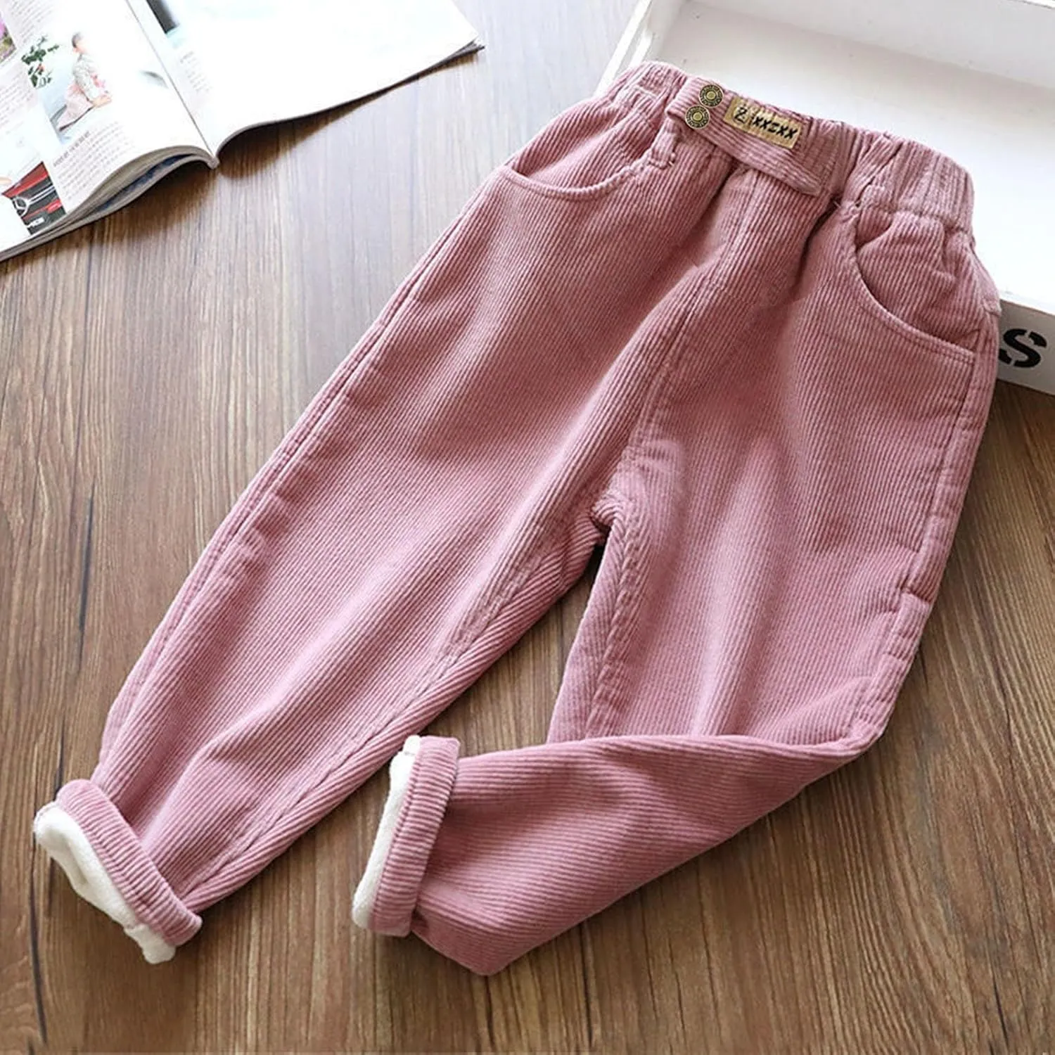 Boys Girls Corduroy Pants Toddler Elastic Waist Fleece Lined Plain Pants Kids Thick Warm Sweatpants Casual Long Trousers