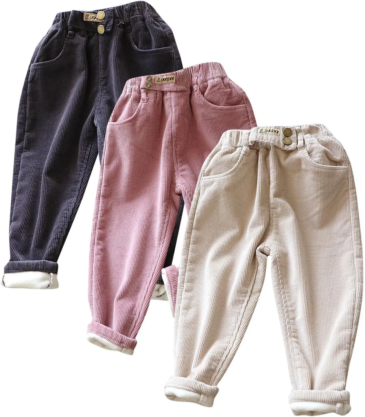 Boys Girls Corduroy Pants Toddler Elastic Waist Fleece Lined Plain Pants Kids Thick Warm Sweatpants Casual Long Trousers